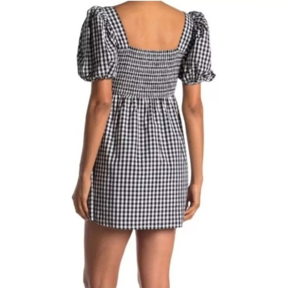 Abound Black White Gingham Checked Puff Sleeve Ruched Back Mini Dress Size M - Picture 2 of 11